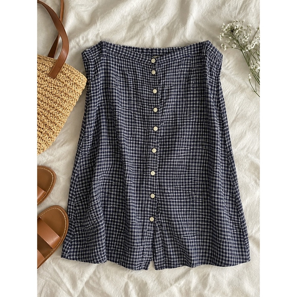 Eddie Bauer Navy Gingham Linen Blend Button Front Midi Skirt Womens 20